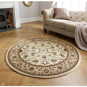 Kendra 137 W Traditional Persian Classic Floral Vine Bordered Durable Easy-Care Low Profile Short Pile Cream Round Rug-Melrose-Rug Love - The Most Loved Rug Store